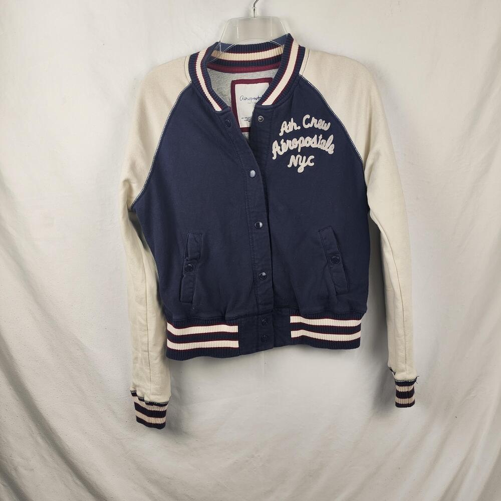 Aeropostale Jacket Womens Large Blue Varsity Bomber Snap Front Embroidered Logo